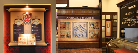 群馬県高崎市　パルティーレ　店舗内装　店内看板：メニューサイン、壁面イラスト、カウンターパネルサイン